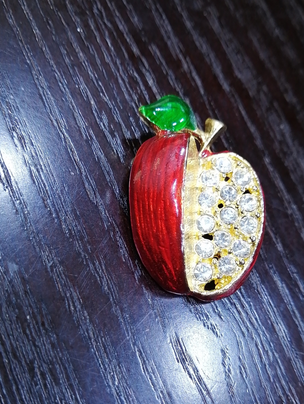 Red Apple with Sparkling Rhinestones Vintage Enameled Brooch